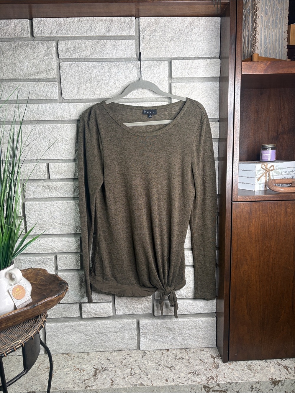 Kensie Olive Long-Sleeve Tie-Hem Knit Top